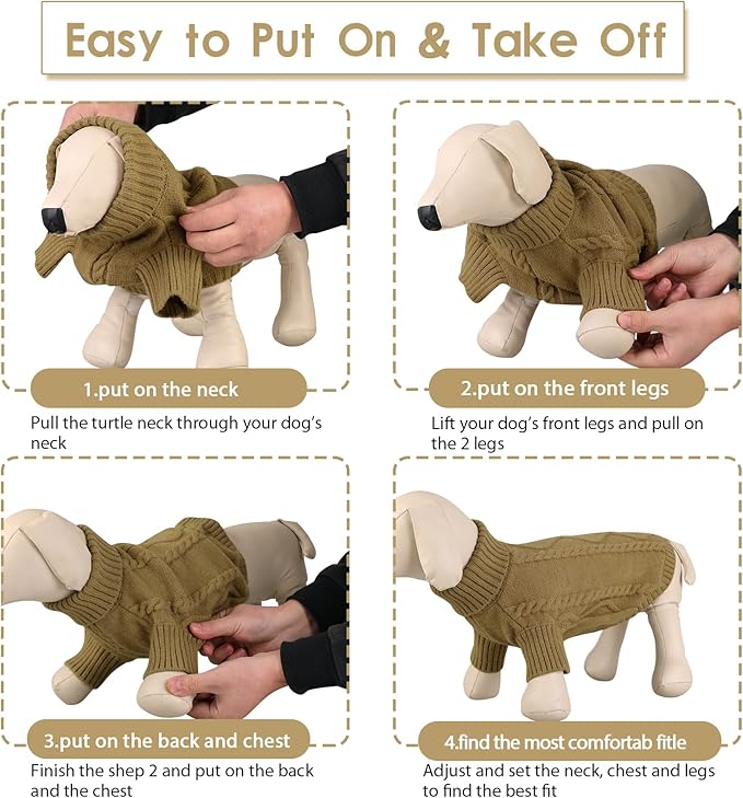 Queenmore Small Dog Pullover Sweater, Cold Weather Cable Knitwear, Classic Turtleneck Thick Warm Clothes for Chihuahua, Bulldog, Dachshund, Pug (Light Brown, Medium)
