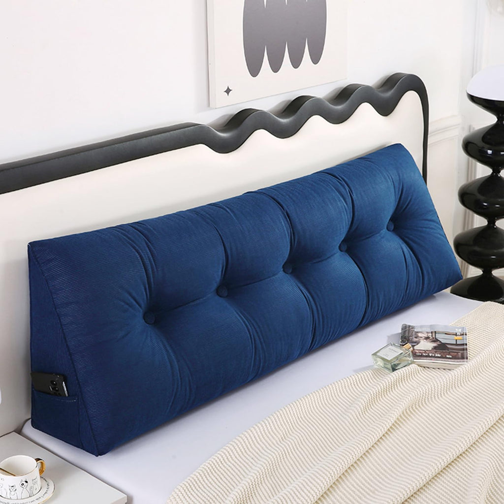 Husband headboard Pillow Large Back Rest Support Reading Pillows for Sitting in Bed for Adults Triangle Velvet Wedge Pillow headboard Cal King Size, Blue