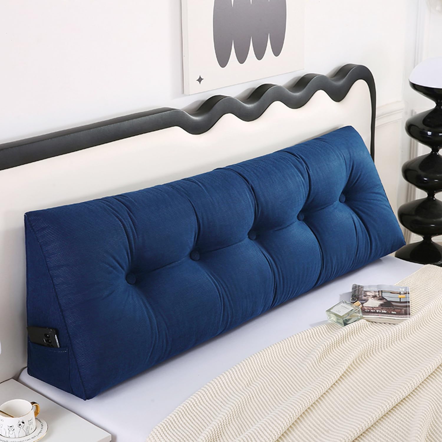 Husband headboard Pillow Large Back Rest Support Reading Pillows for Sitting in Bed for Adults Triangle Velvet Wedge Pillow headboard Cal King Size, Blue