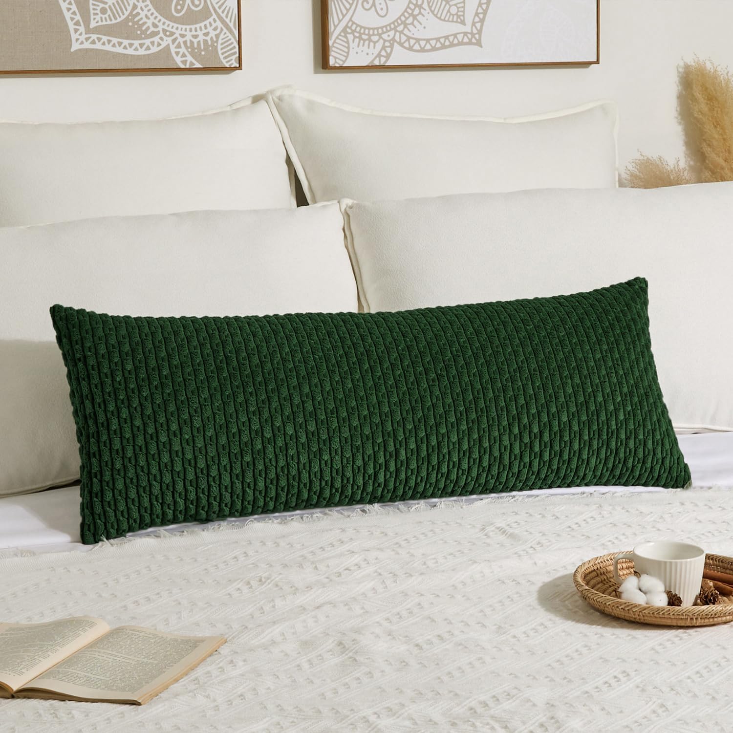 Kevin Textile 14x36 Inch Long Lumbar 1 Pack Boho Christmas Decorative Throw Pillow Cover Soft Striped Corduroy Rectangle Cushion Case Farmhouse Color Accent for Living Room Couch Sofa Bed, Dark Green