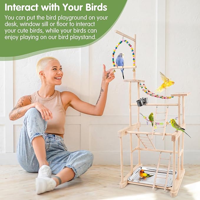 Bird Playground 4 Layer, Parrot Playground Bird Play Stand for Parakeet Conure Cockatiel Lovebird Budgie, Parrot Playstand with Feeder Cups, Ladder, Chain Toy, Swing and Detachable Tray