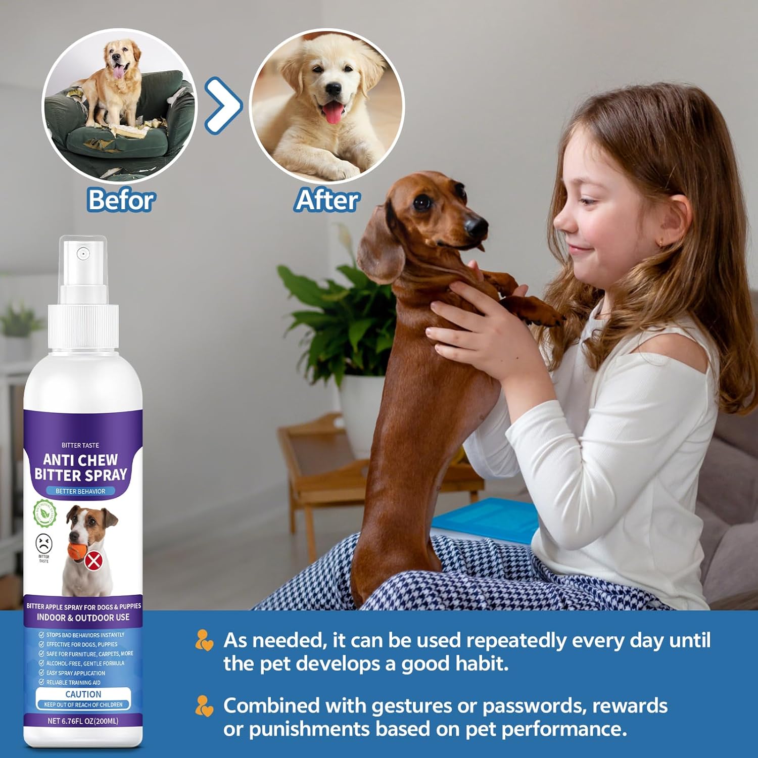 No Chew Spray for Dogs, 200ML Bitter Apple Spray for Dogs to Stop Chewing and Prevents Wound Licking, Protects Furniture, Shoes, Bandages, Alcohol-Free & Non-Toxic, Safe for Indoor & Outdoor Training