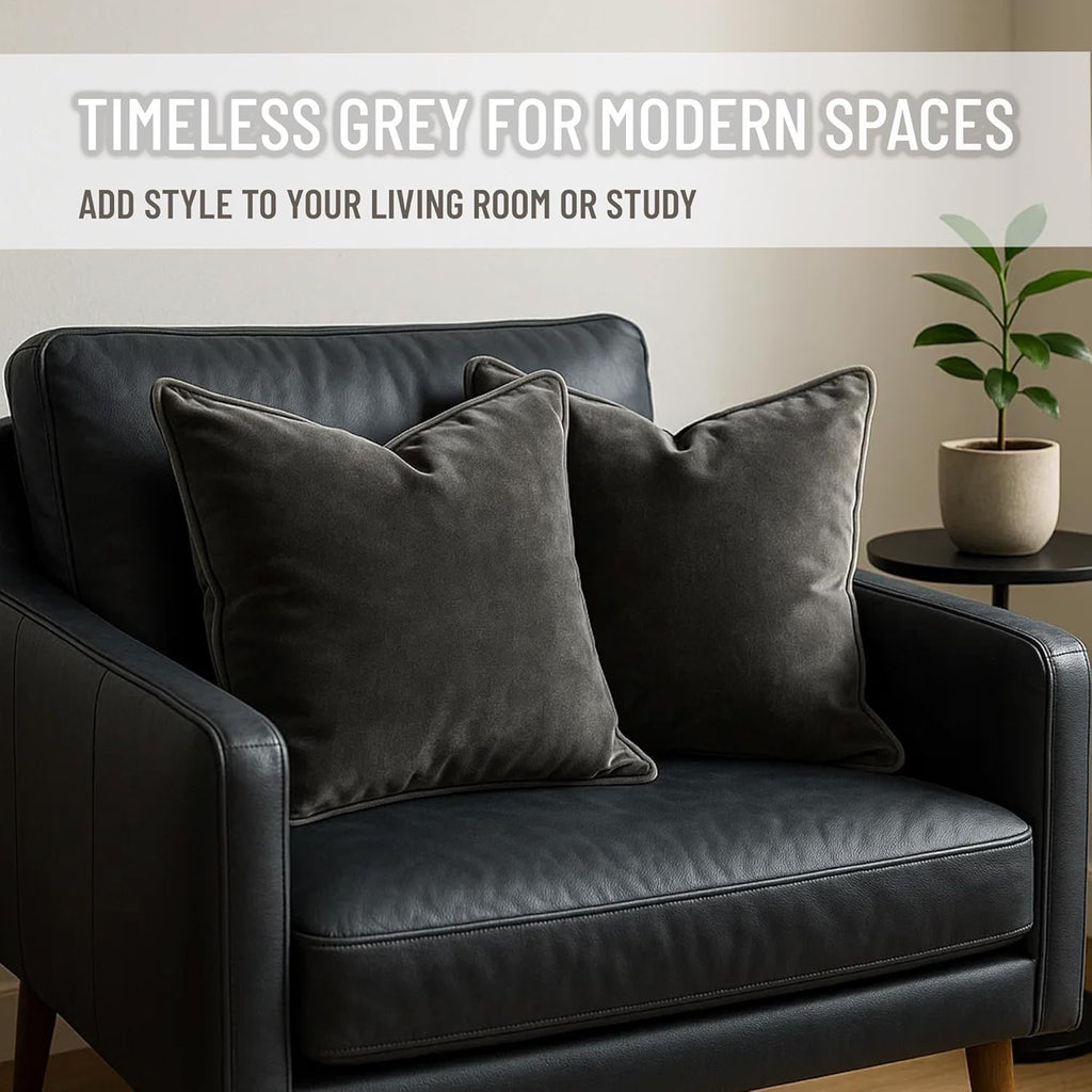 2 Pack Velvet Decorative Throw Pillow Covers, 20"x20", Deep Grey, Solid, Modern, Contrast Piping, Indoor Use, Bedroom & Living Room