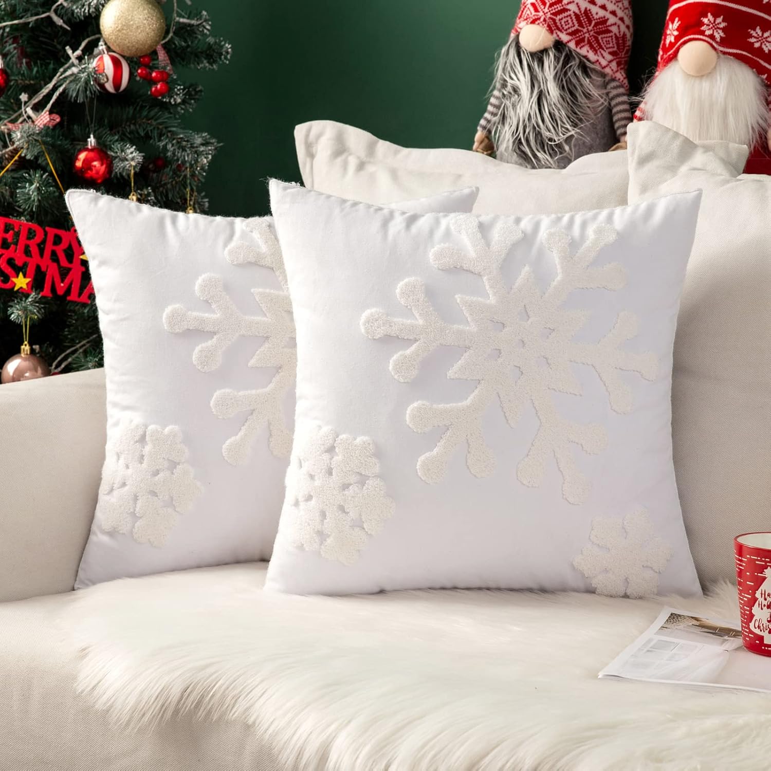 MIULEE Pack of 2 Christmas Decorative Snowflake Throw Pillow Covers Canvas Embroidery Winter Cushion Cases Holiday Decor Soft Pillowcases for Winter Couch Sofa Bedroom Car（White, 20x20in）