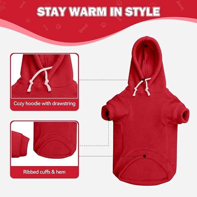 Dog Sweaters for Small Dogs,Dog Hoodies,Warm Fleece Sweatshirt with Hood & Pocket,Leash Hole,Cozy Cold Weather Puppy Clothes Pet Sweater for Small Dogs(Red,S)