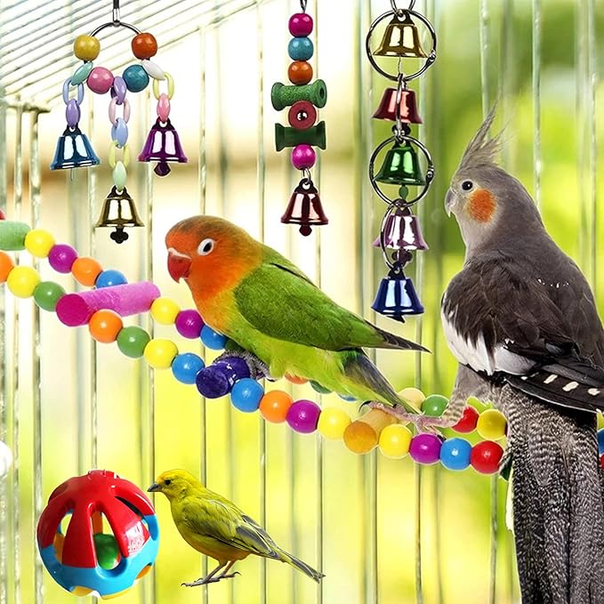Hamiledyi Bird Parrot Swing Chewing Toy Set 15PCS Wooden Hanging Bell with Hammock Climbing Ladders Colorful Pet Birds Cage Toys for Small Parakeet Cockatiel Finches Conures Budgie Macaws Love Birds