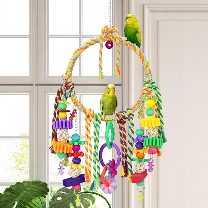 Bird Swing Toy with Perches - Colorful Chewing Toys for Parakeets, Meyers Cockatiel, Conure, Quaker, Caique & Other Medium Sized Birds