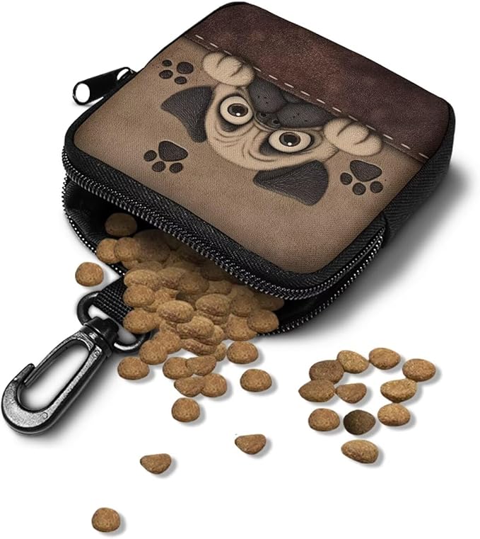 KEIAHUAN Pug Dog Treat Bags Training Pouch Small Dog Treat Pouch for Pet Walking and Training Reusable Pet Treat Container with Clasp for Traveling or Outdoor, Coin Pouch Small, Brown