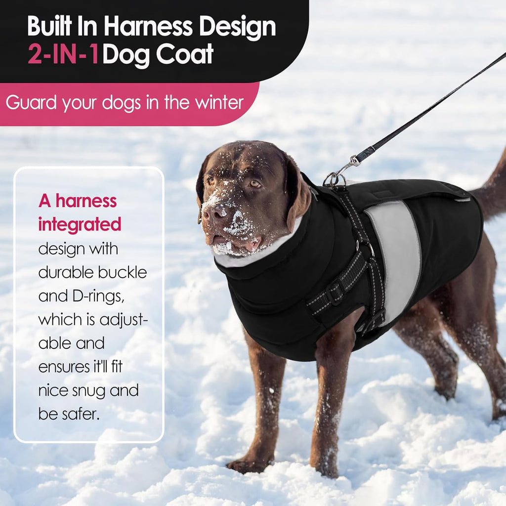 AOFITEE Dog Coat Warm Dog Winter Coat, Waterproof Dogs Jacket with Harness, Dogs Snow Jacket Snowsuit with Zipper & Furry Collar, Reflective Windproof Pet Sweater for Cold Weather, French Bulldog, L