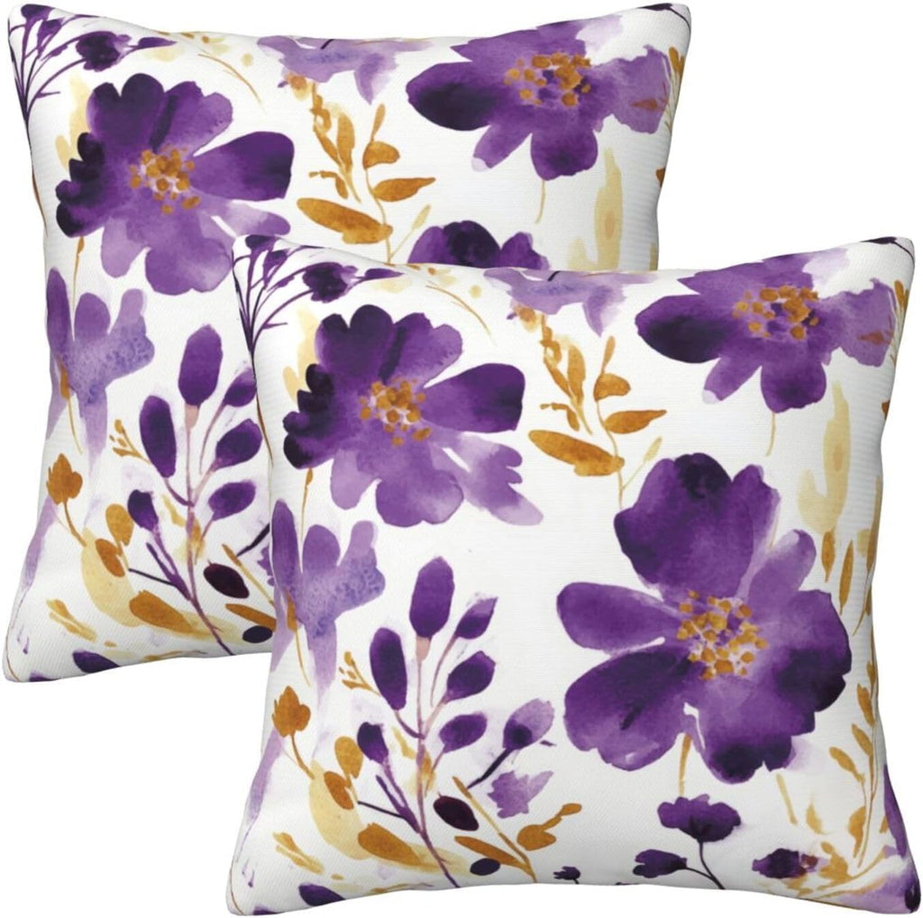 Purple Floral Throw Pillow Covers 18X18 Inch Set of 2, Decorative Violet and Gold Flower Pillows, Modern Boho Farmhouse Pillowcase for Couch Sofa Bedroom Living Room Home Decor Purple Yellow White