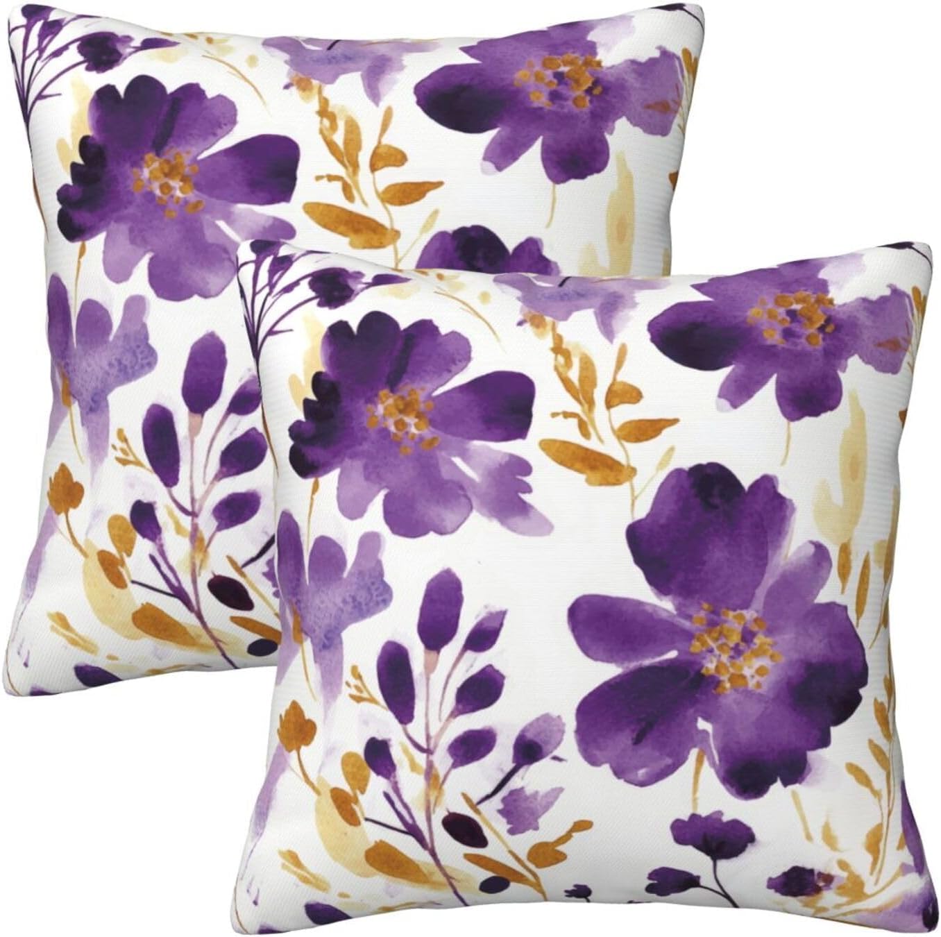 Purple Floral Throw Pillow Covers 18X18 Inch Set of 2, Decorative Violet and Gold Flower Pillows, Modern Boho Farmhouse Pillowcase for Couch Sofa Bedroom Living Room Home Decor Purple Yellow White