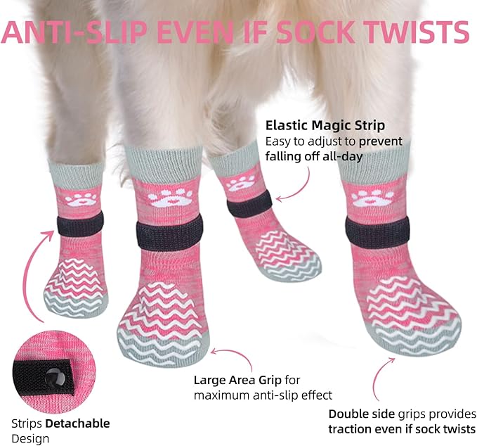 PUPTECK Anti Slip Dog Socks 2 Pairs with Double Grippers for Hardwood Floors, Shoes for Hot/Cold Pavement, Boots & Paws Protectors to Prevent Licking, Traction Booties for Senior Small Large Dogs