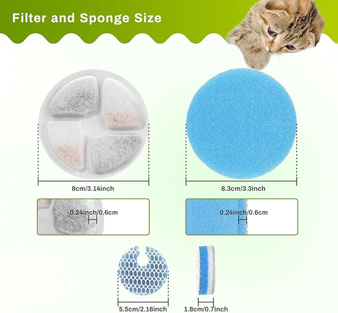 10 Set Cat Water Fountain Filters for 2L/67oz Round Stainless Steel Pet Water Fountain, ZEKIRY Pet Water Fountain Filters, Triple Filtration Replacement Filters(10 Filter, 10 Sponge, 10 8D Sponge)