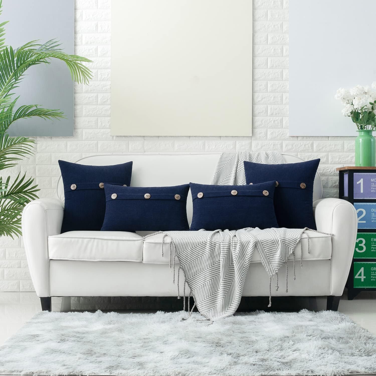 HWY 50 Navy Blue Chenille Throw Pillow Covers 20x20 Inch with Triple Buttons, Soft Farmhouse Accent Decorative Cushion Cases for Couch Sofa Bed Living Room Pack of 2