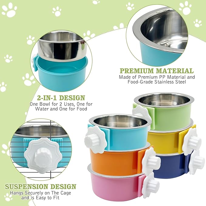 Tfwadmx 6 Pcs Crate Dog Bowl Cat Removable Stainless Steel Food and Water Feeder Hanging Cage Bowls Coop Cup with Cleaning Set for Pet Puppy Bird Rat Guinea Pig Ferret Bunny Rabbit