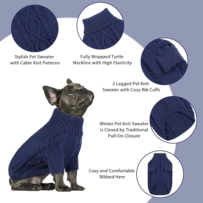 Queenmore Small Dog Pullover Sweater, Cold Weather Cable Knitwear, Classic Turtleneck Thick Warm Clothes for Chihuahua, Bulldog, Dachshund, Pug (Dark Navy, Medium)