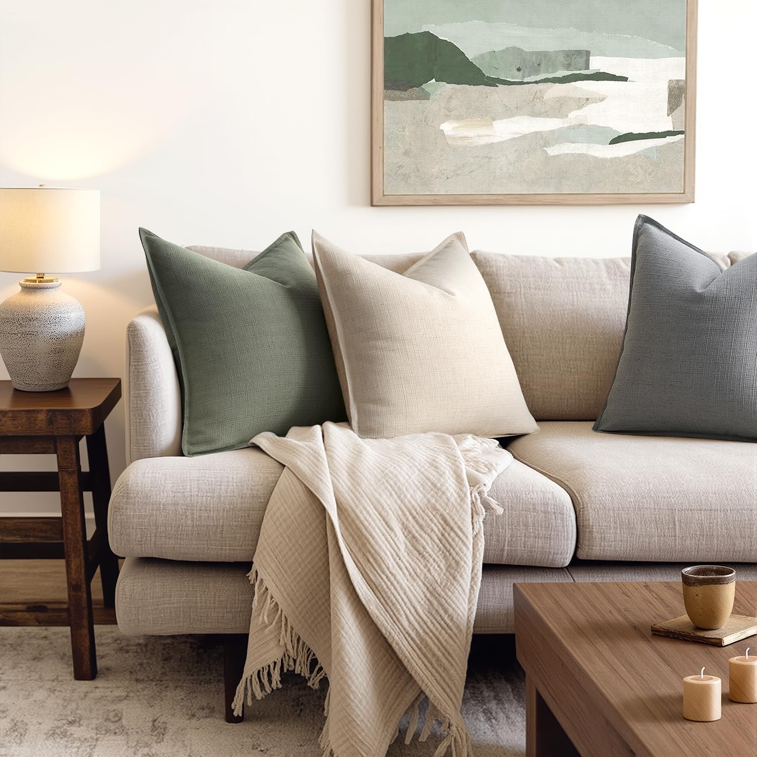 MIULEE Olive Green Decorative Pillow Covers 20x20, 2 Pack Boho Farmhouse Neutral Throw Pillows for Couch, Thick Textured Modern Linen Cushion Cases Sofa Bed Living Room Home Decor