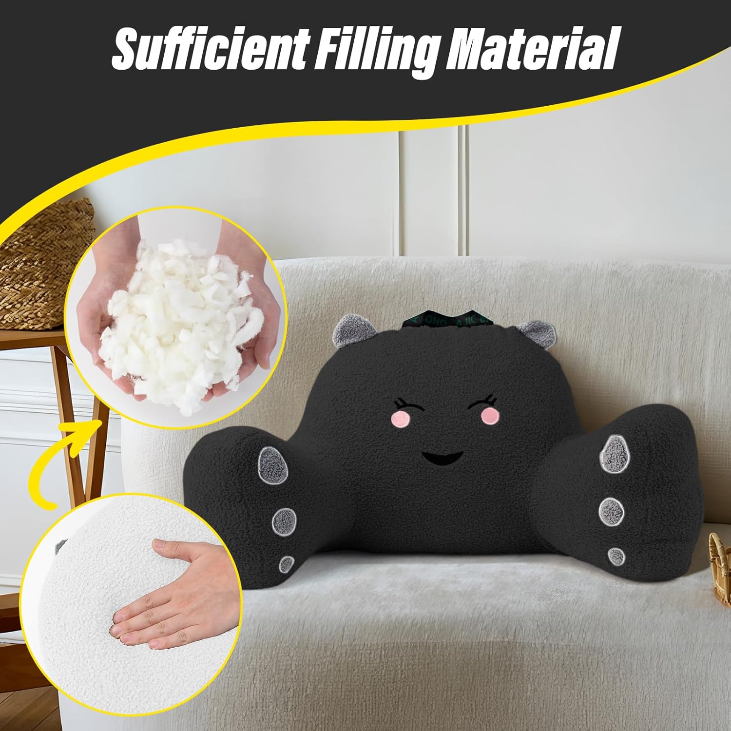 Reading Pillow for Sitting in Bed Couch Teens/Adult, Back Rest Pillow for Sitting Up in Bed with Shredded Memory Foam, Includes Arms and Washable Cover (Black)