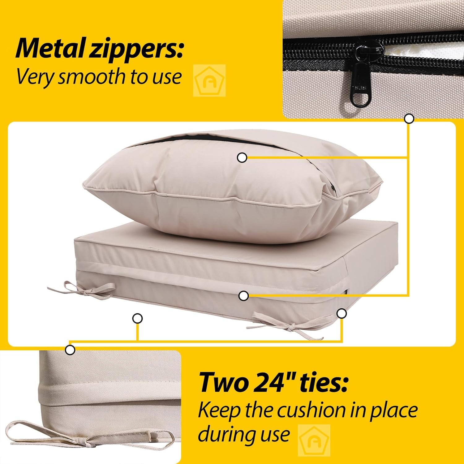 AAAAAcessories Outdoor Deep Seat Cushions, Waterproof, Fade-Resistant Patio Furniture Replacement Cushions, 24" x 24" x 5", Set of 2, Khaki Beige