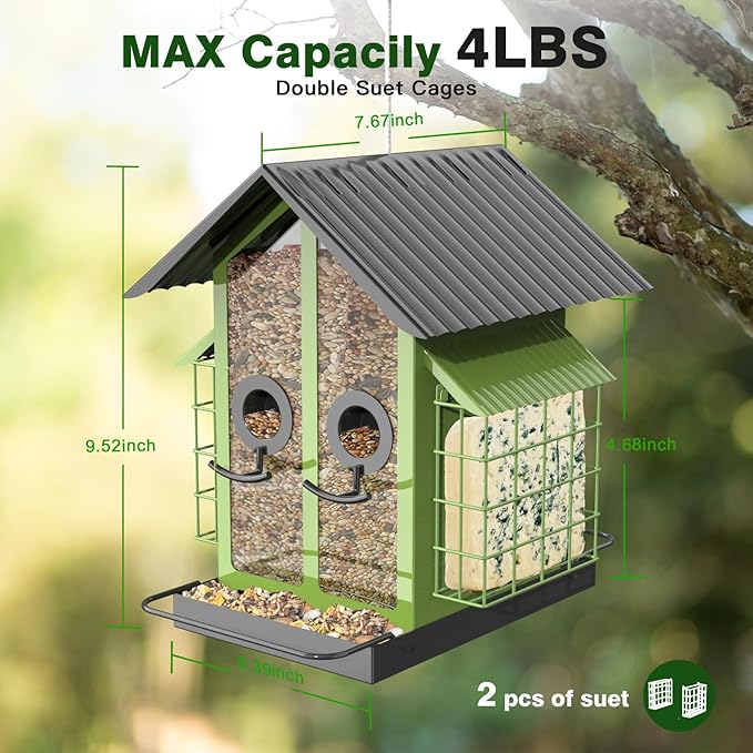 Bird Feeders for Outdoors, Metal Bird Feeder with Double Suet Cage Weatherproof Metal Roof, 2 in 1 Mixed Seeds Suet Feeder, 4Lbs Large Capacity, Great for Finch、Cardinal、Chickadee（Green）