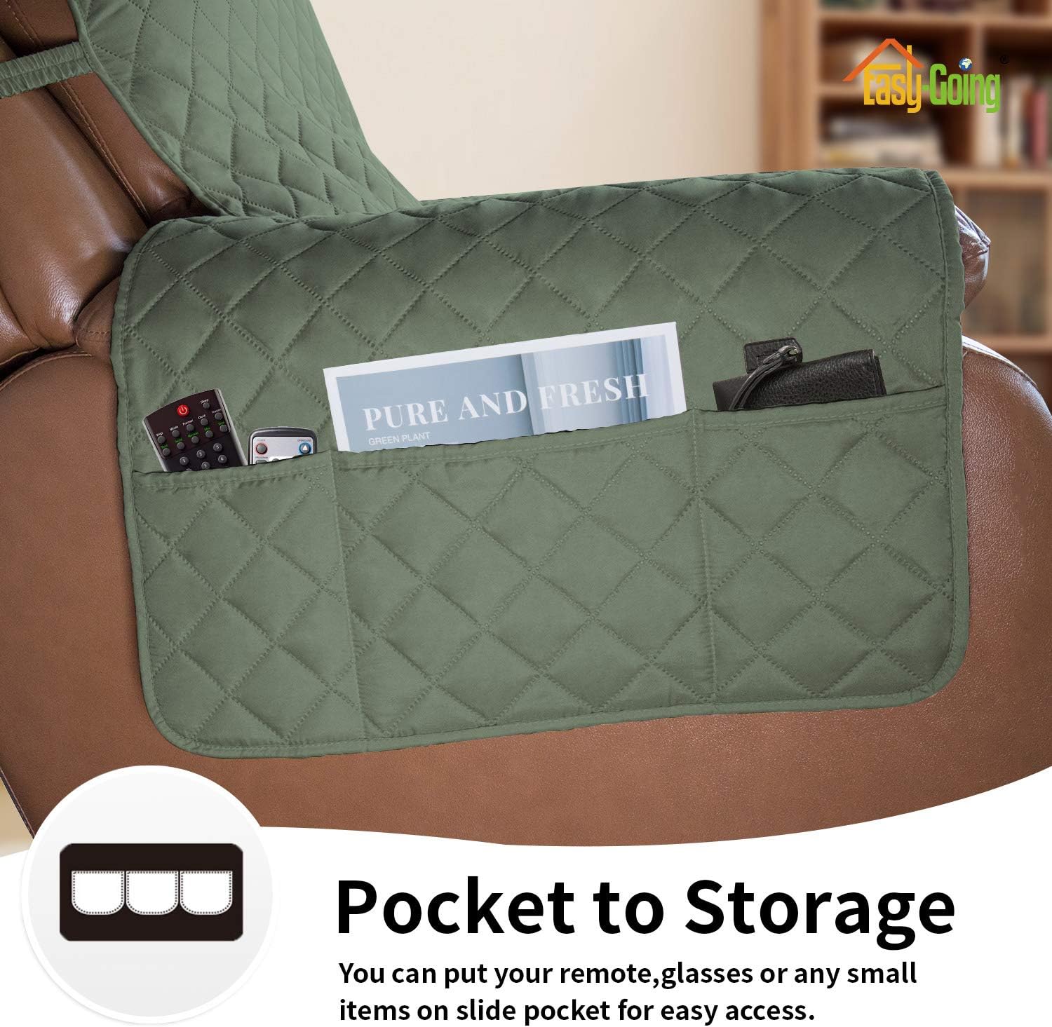 Easy-Going Oversized Recliner Cover Reversible Couch Cover Sofa Cover for Living Room Water Resistant Furniture Protector with Elastic Straps for Pets Kids (Oversized Recliner, Greyish Green/Beige)