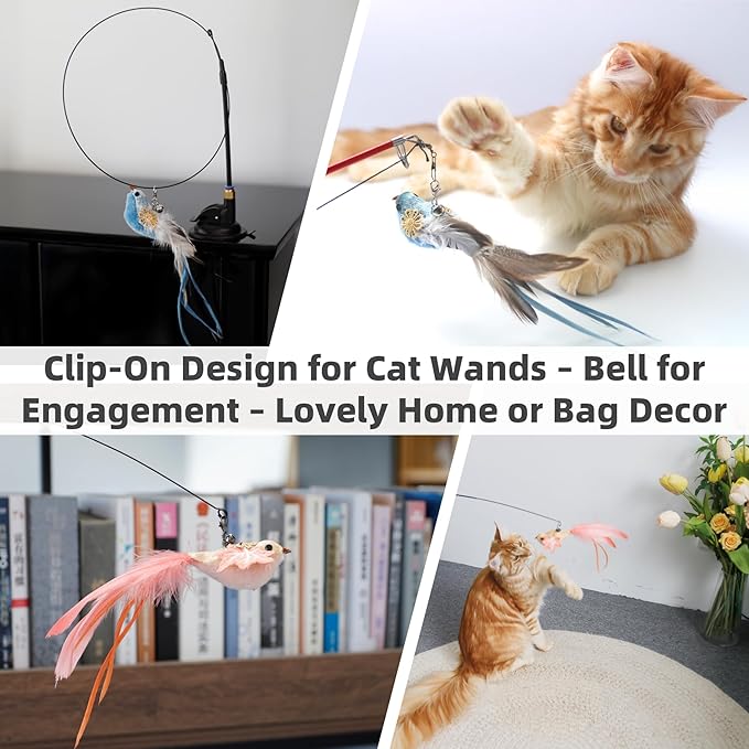 11PCS Realistic Bird Cat Toy Refills – Handmade Feather Cat Toys with Bell, Clip-on Cat Wand Attachments – Interactive Cat Toys for Indoor Cats, Refill Set for Wand Toy or Cute Home Décor