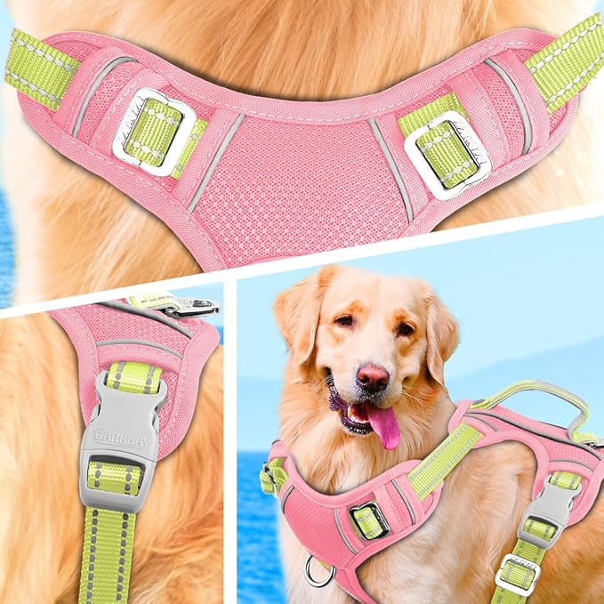 BARKBAY No Pull Dog Harness Large Reflective Dog Harness with Front Clip and Easy Control Handle for Walking Training Running with ID tag Pocket(Baby Pink & Sunlight,L)