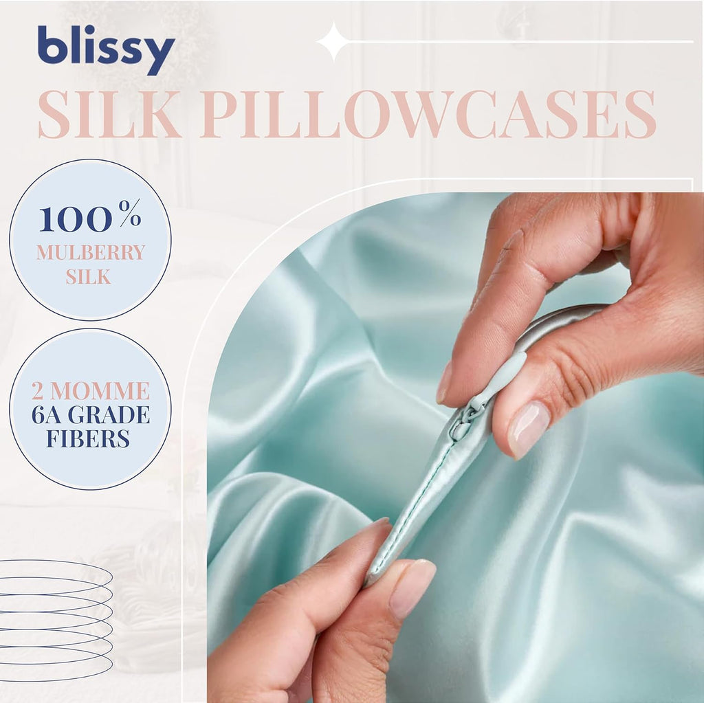 Blissy Silk Pillowcase - 100% Pure Mulberry Silk - 22 Momme 6A High-Grade Fibers - Silk Pillow Cover for Hair & Skin - Regular, Queen & King (Mint, Queen)