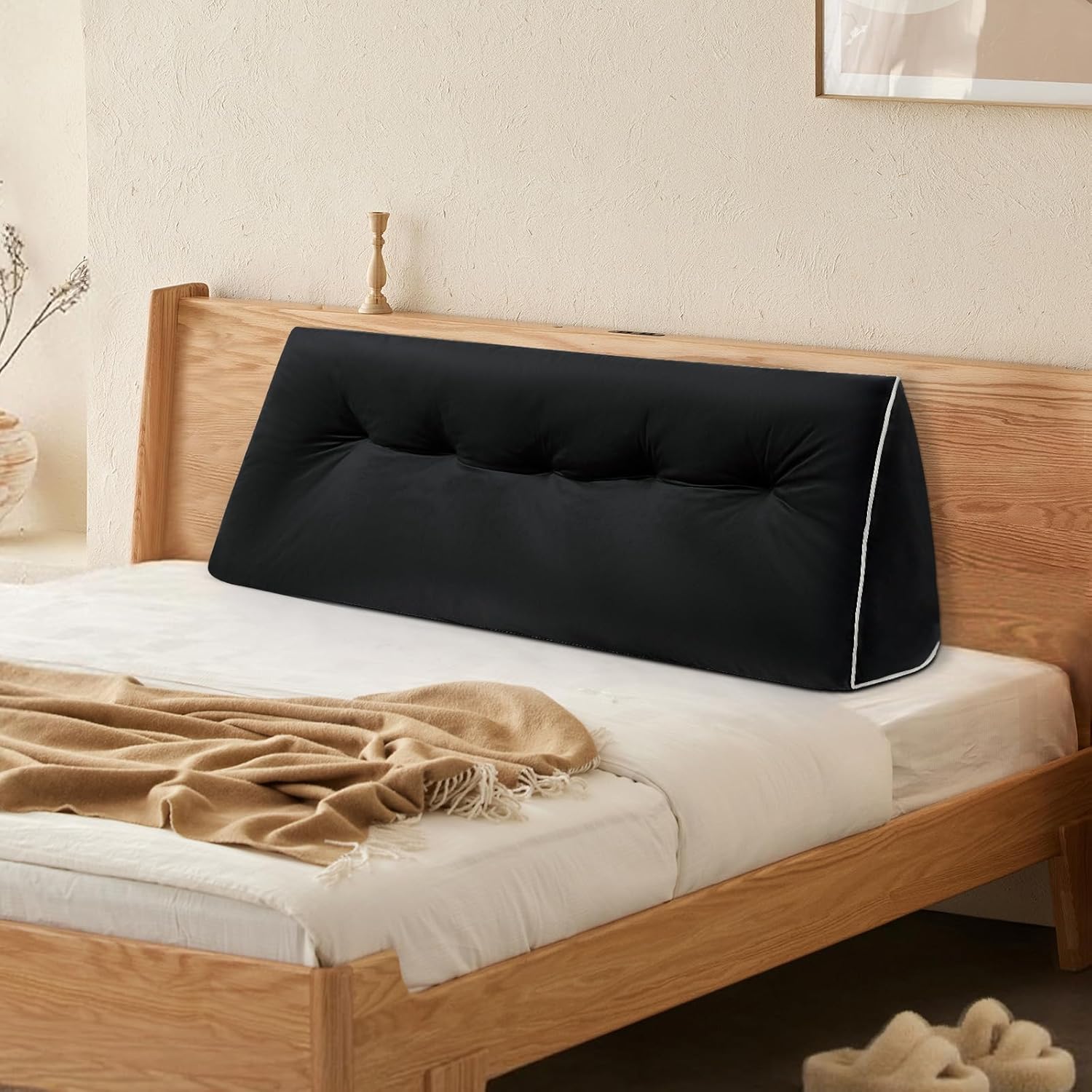 Headboard Wedge Pillows Full, Ergonomic Bed Triangular Headboard Pillow, Thickened Backrest Cushion for Reading in Dorm Bed Sofa, Black, 54in