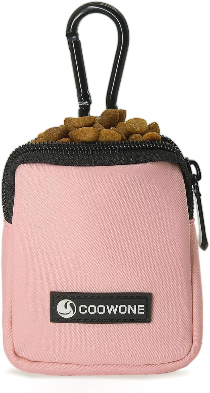 COOWONE Dog Treat Pouch Pocket Sized Pet Puppy Training Pouch for Dog Training Behavior Aids, Waterproof Nylon Fabric Dog Poop Bag Holder, Hands Free Dog Walking Bag with Metal Carabiner (Pink)