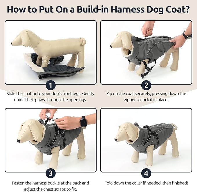 Dog Winter Coat with Harness Built in Warm Puffer Dog Jackets for Small Medium Large Dogs Windproof Waterproof Outfit with Plush Lining and Reflective Stripes (Grey, 2XL)