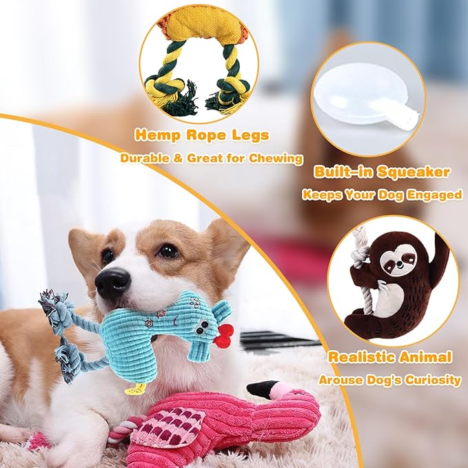 5 Pack Plush Dog Toys with Rope, Squeaky Dog Toys, Tug of War Dog Interactive Toy, Durable Dog Chew Toys for Large Dogs & Puppies