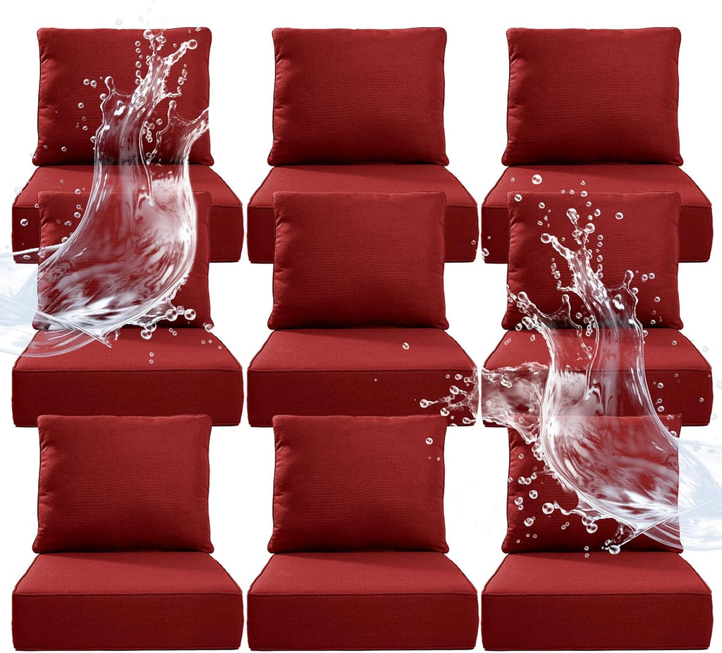 6" Thicker Outdoor Chair Cushion 9 Sets - 24" *24" *6" Waterproof Patio Furniture Cushions with Removable Cover, 28D High Density Sponge Filling Thicken Outdoor Patio Cushions - Red