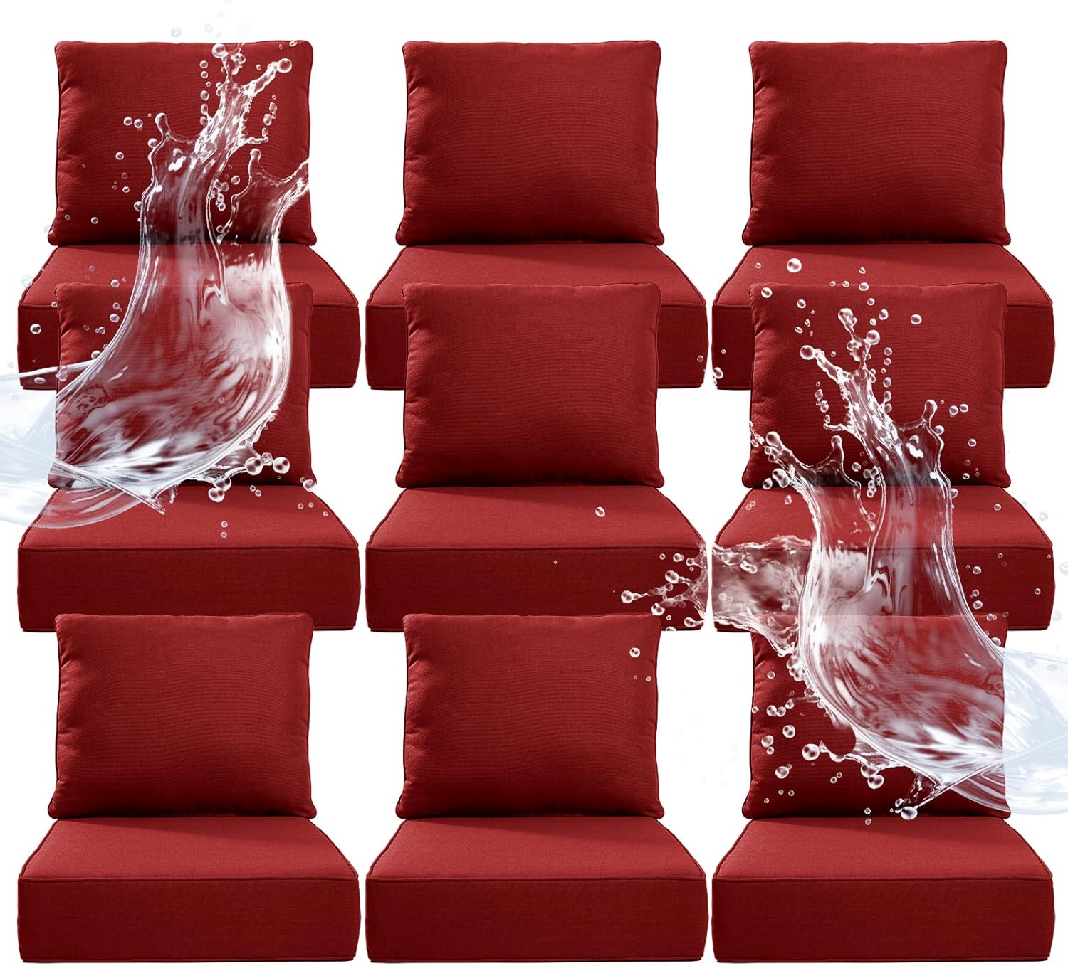 6" Thicker Outdoor Chair Cushion 9 Sets - 24" *24" *6" Waterproof Patio Furniture Cushions with Removable Cover, 28D High Density Sponge Filling Thicken Outdoor Patio Cushions - Red