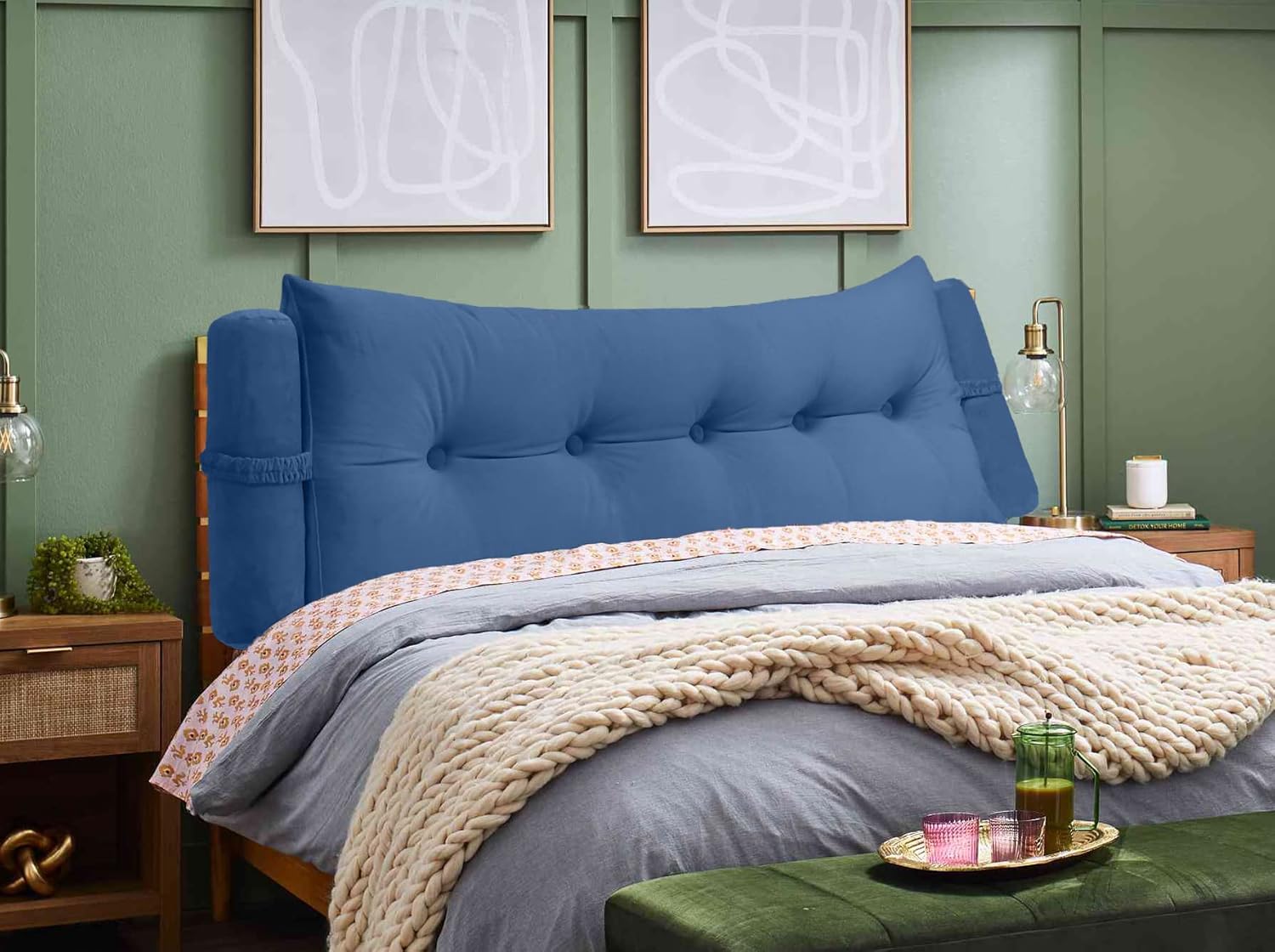 Triangular Reading Bedrest Pillow Large Bolster Cushion Headboard Backrest Wedge Pillow with Two Detachable Roll Pillows for Neck & Lumbar Support (Blue, California King 71x8x20 inches)