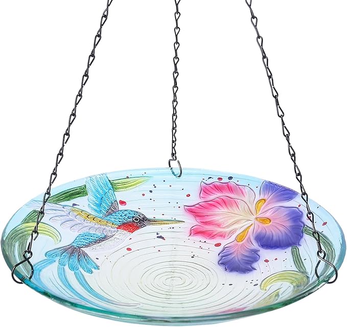 MUMTOP Hanging Bird Baths for Outdoors - Glass Bird Bath, 12 Inch Hanging Bird Bath Bird Feeder Bowl for Outside, Garden, Lawn Yard Decor