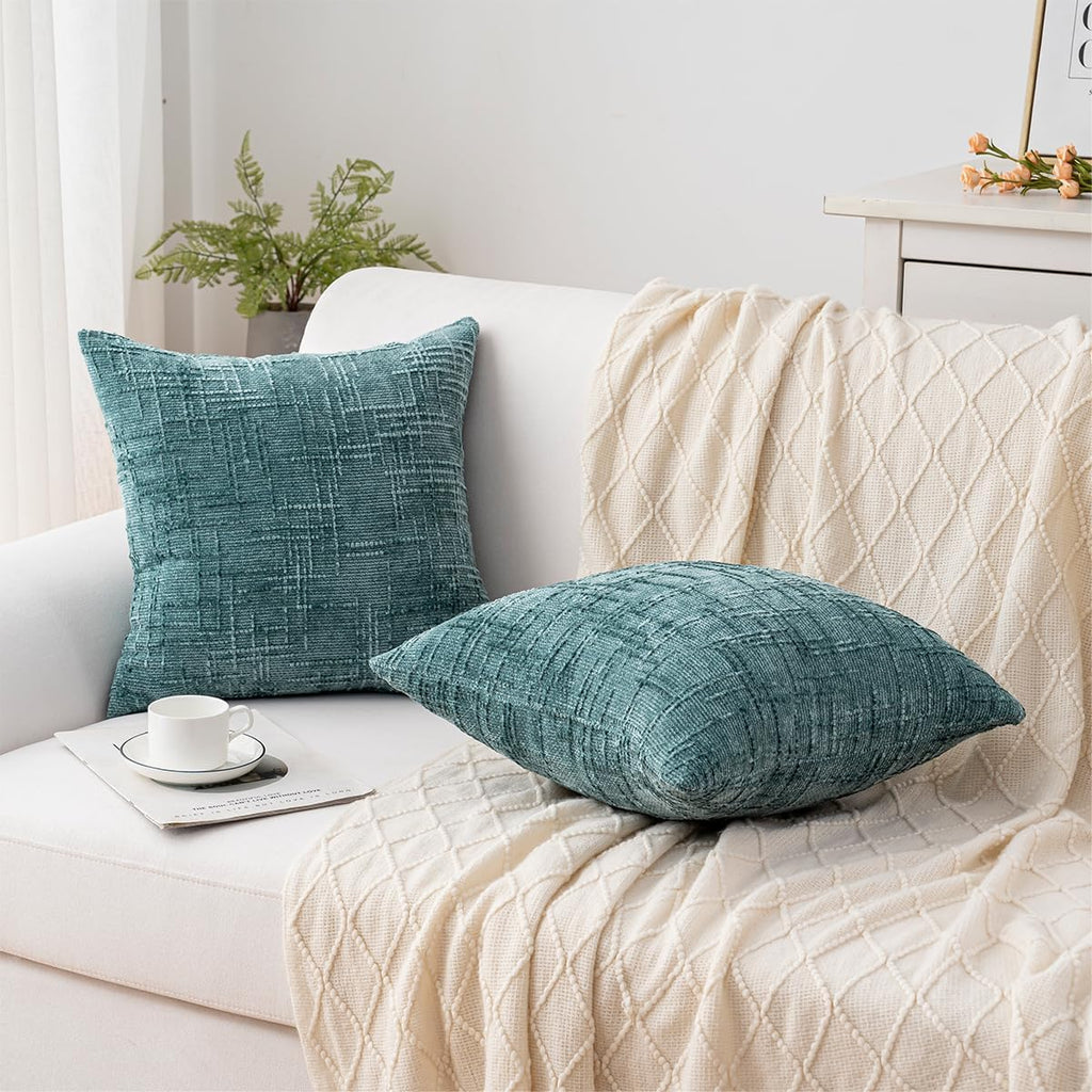 Decorative Throw Pillow Covers 22x22 Inch Set of 2, Soft Solid Farmhouse Chenille Couch Pillows, Spring Pillow Covers for Couch Sofa Bed Living Room Home Decor Pillowcase, Teal