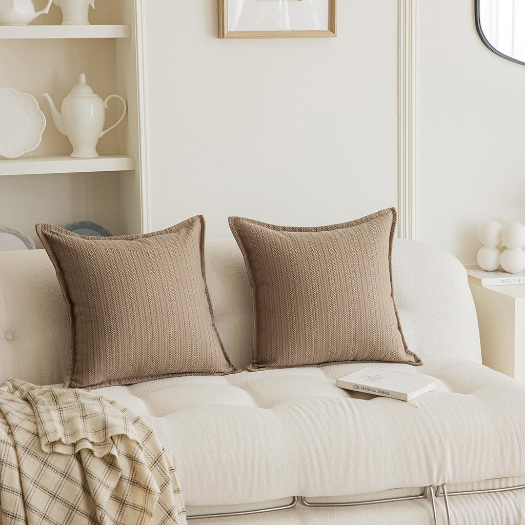 Set of 2 Cozy Striped Herringbone Flange Throw Pillow Covers, Aesthetic Embossed Pattern Pillow Covers for Couch and Bed - 18"x18", Taupe
