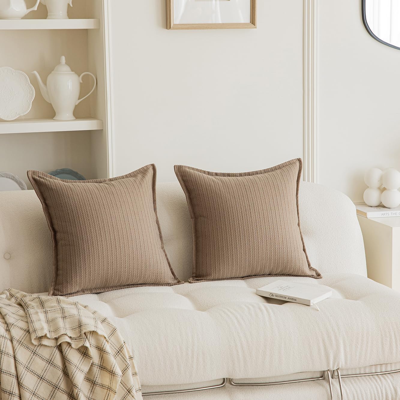 Set of 2 Cozy Striped Herringbone Flange Throw Pillow Covers, Aesthetic Embossed Pattern Pillow Covers for Couch and Bed - 18"x18", Taupe