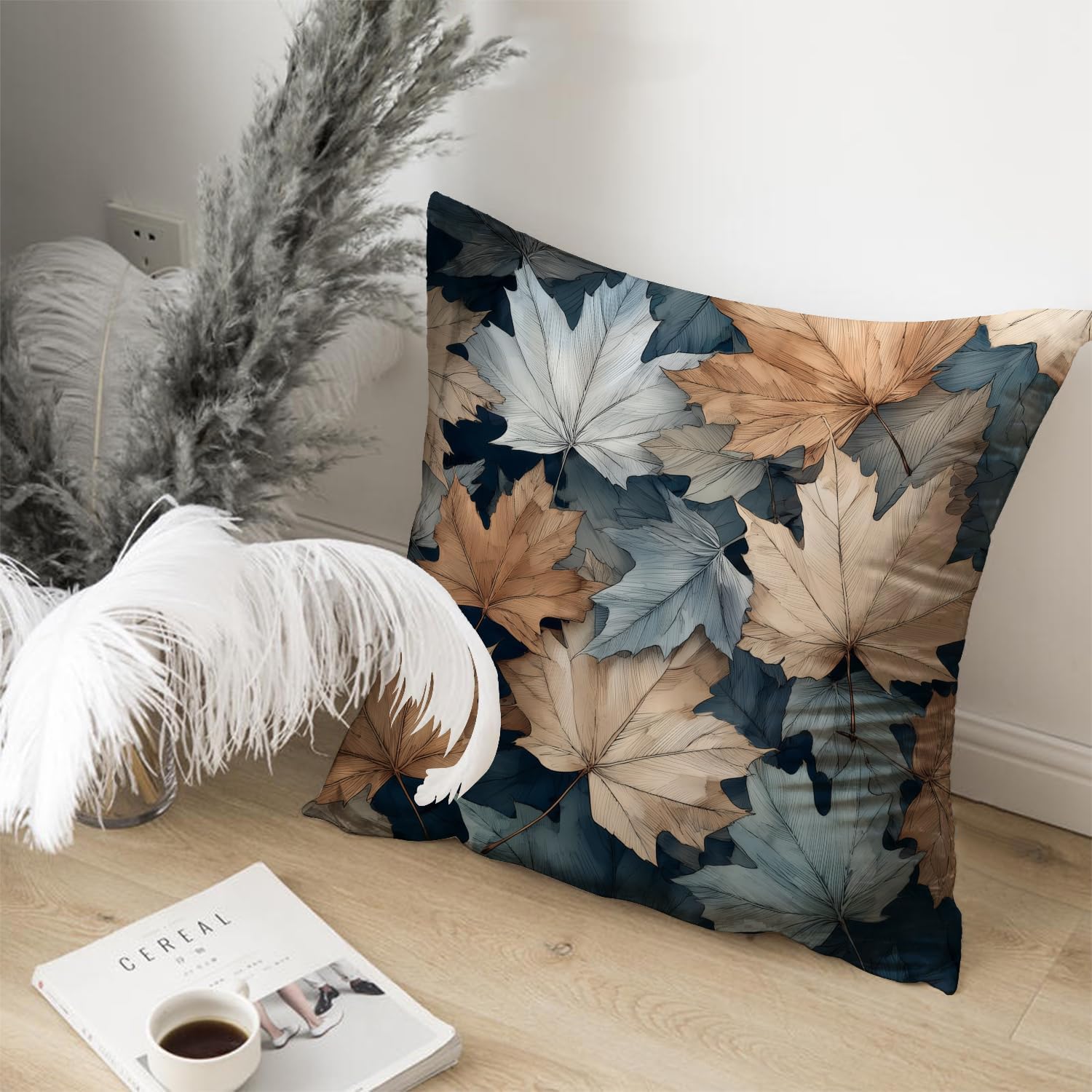 Vintage Boho Leaves Print Throw Pillow Cover, Orange, Blue - Blue Autumn Leaves Decor Pillowcase, Indoor Outdoor Cushion Case for Sofa Couch Bed Living Room Bedroom Home (Yellow leaves, 18x18inch)