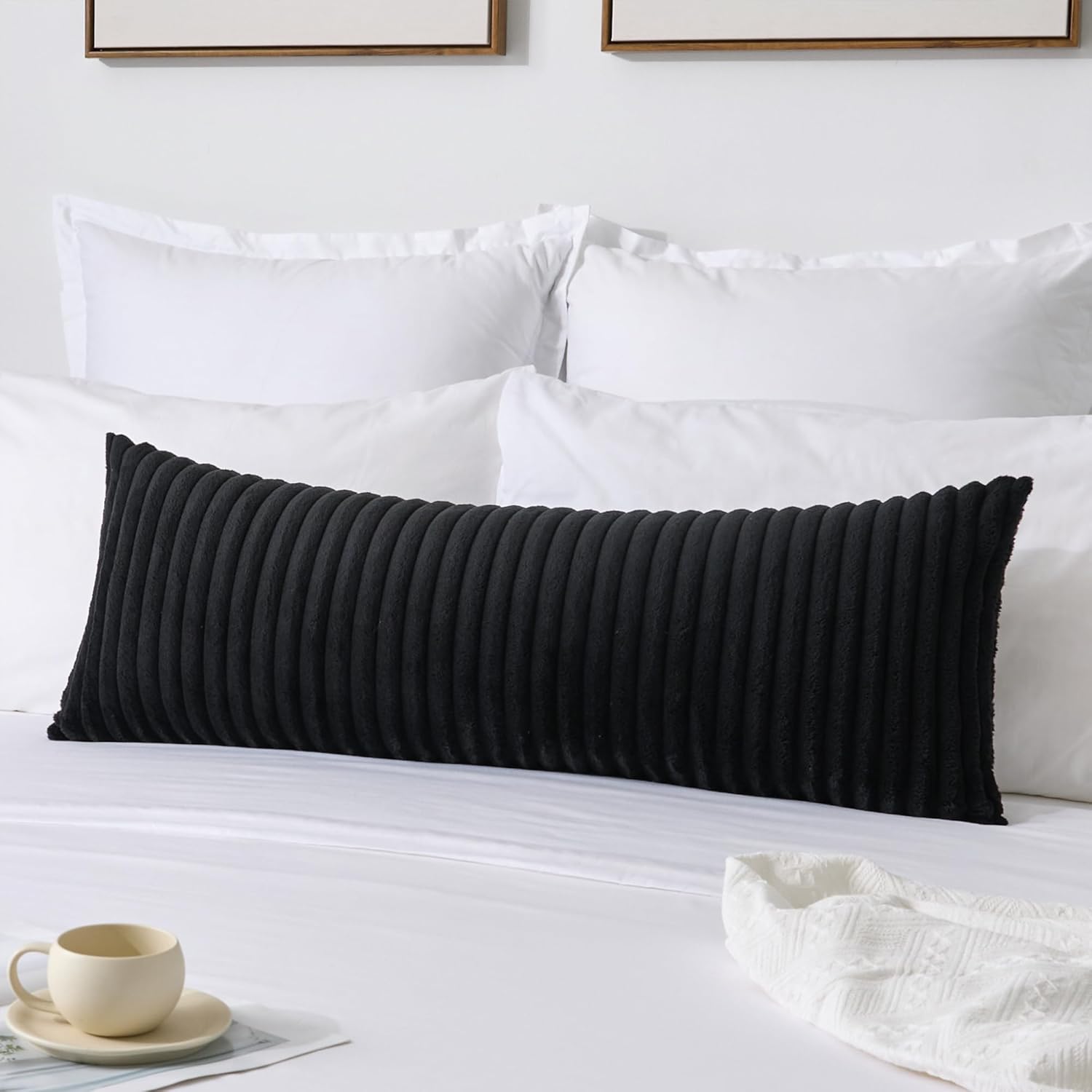 Kevin Textile Soft Plush 14x36 Inch Long Lumbar Pillow Cover 1 Pack, Luxury Fluffy Faux Fur Striped Flannel Rectangle Body Cushion Case for Couch Sofa Chair Bed Home Decor, Black