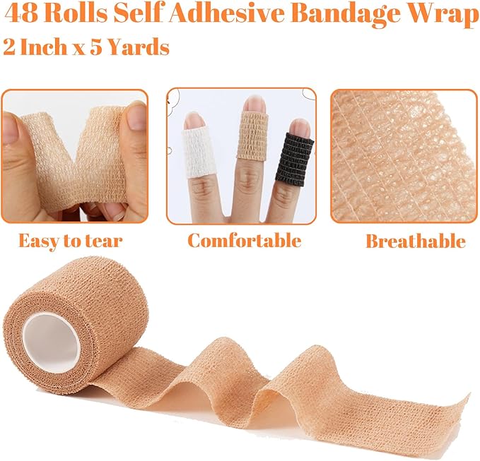 48 Rolls Self Adhesive Bandage Wrap, Vet Wrap 2 Inch for Horses Dogs Wounds Care, Self Sticking Elastic Bandage Wrap Tape for Wrist, Ankle, Sports, Tatto (Brown)