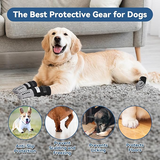 Non Slip Dog Socks to Prevent Licking Paws - for Hardwood Floors Anti Slip - Grippy Socks for Senior Dog - Double Elastic Reflective Straps Prevent Scratching for Hot Pavement. (Grey, L)