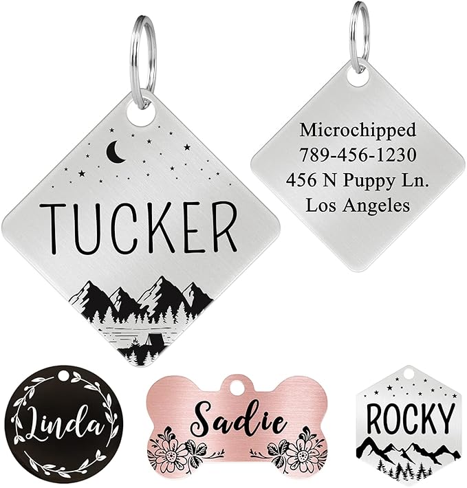 Ultra Joys Stainless Steel Pet ID Tag Dog Name Tags Personalized Front and Back Engraving, Customized Dog Tags and Cat Tags, Optional Engraved on Both Sides, Diamond Tag Mountain Silver Small