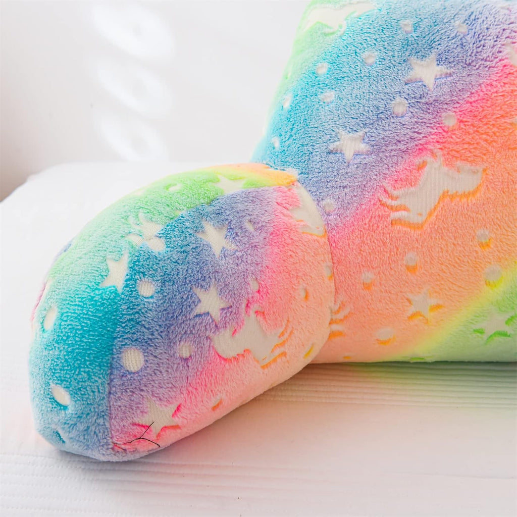 Meeting Story Colorful Gradient Rainbow Star Unicorn Luminous Reading Pillows Glow in The Dark with Arms Back Pillow for Bed, Bed Rest Pillow for Adults Teens, Kids, (Yellow-Pink)