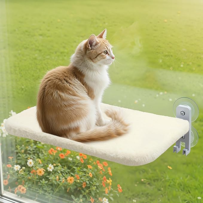 Cordless Cat Window Perch, Foldable Cats Hammock Window Bed with Metal Frame, Soft Cover, Large Suction Cups, Indoor Kitten Window Resting Seat for Spring/Fall, Creamy