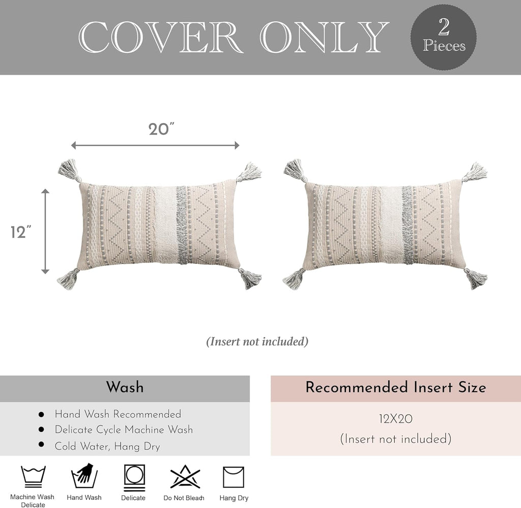 BlissBlush Decorative Lumbar Throw Pillow Cover 12x20 Combo Set of 2 Gray Rectangular Boho Accent Pillowcase Neutral Grey Farmhouse Cushion for Couch Sofa Bedroom Living Home Décor Cover ONLY