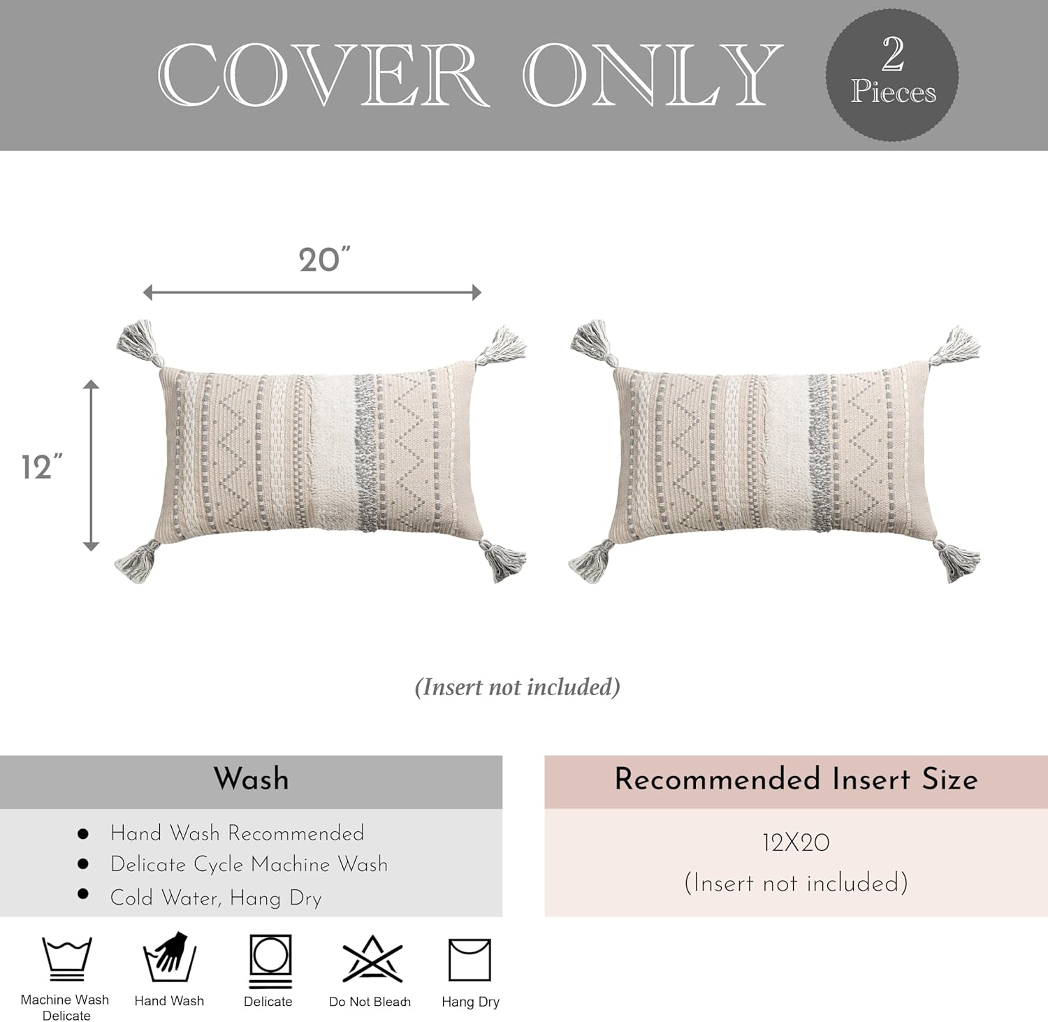 BlissBlush Decorative Lumbar Throw Pillow Cover 12x20 Combo Set of 2 Gray Rectangular Boho Accent Pillowcase Neutral Grey Farmhouse Cushion for Couch Sofa Bedroom Living Home Décor Cover ONLY