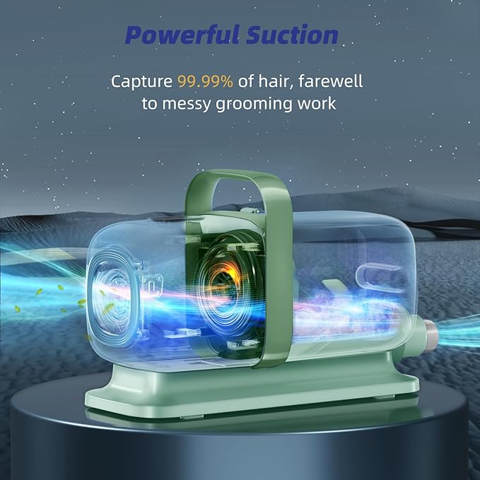 Dog Grooming Kit with Vacuum, All-in-One Pet Grooming Vacuum for Dogs and Cats, Low Noise Pet Hair Clipper & Shedding Brush, Dog Hair Remover, Cat Pet Groomer Set with Cleaning Brushes, Green