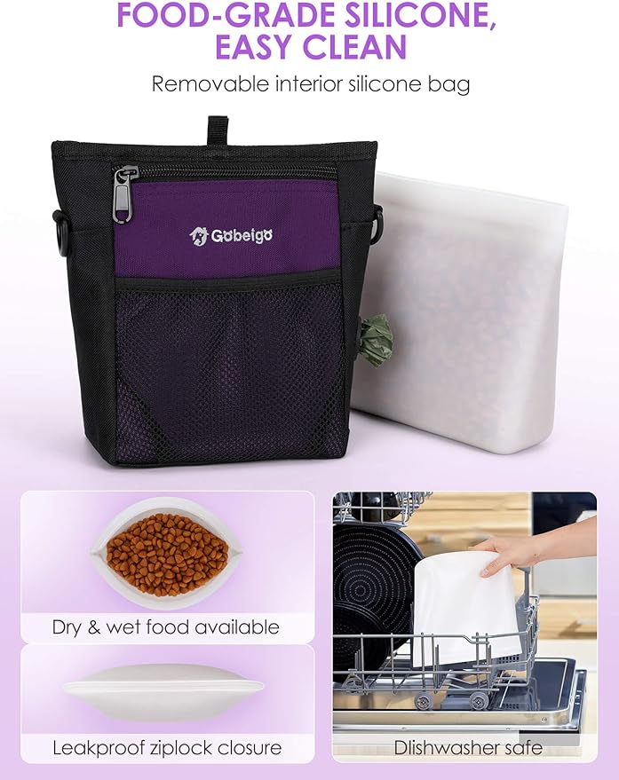Gobeigo Dog Treat Pouch with Silicone Snack Bag, Front Pocket fits All Phones, 4 Cup Treat Bag with Training Clicker, Upgrade Stronger Magnetic Closure, 3 Ways to Wear Walking Fanny Pack (Purple)